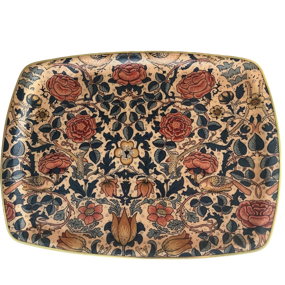 Vtg‎ MCM Fiberglass Serving Tray Wm Morris Pattern Rose Gold Trim 60s Botanical